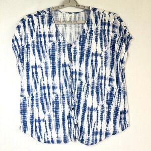 Maurices Tie Dye Top 2XL Blue White Buttons V Neck Blouse Rayon